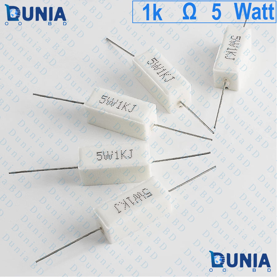 1k ohm 5 watt Five watt Resistor ±5% 1kΩ 1 Kohms 1000 ohms Ceramic Cement Wirewound Resistance