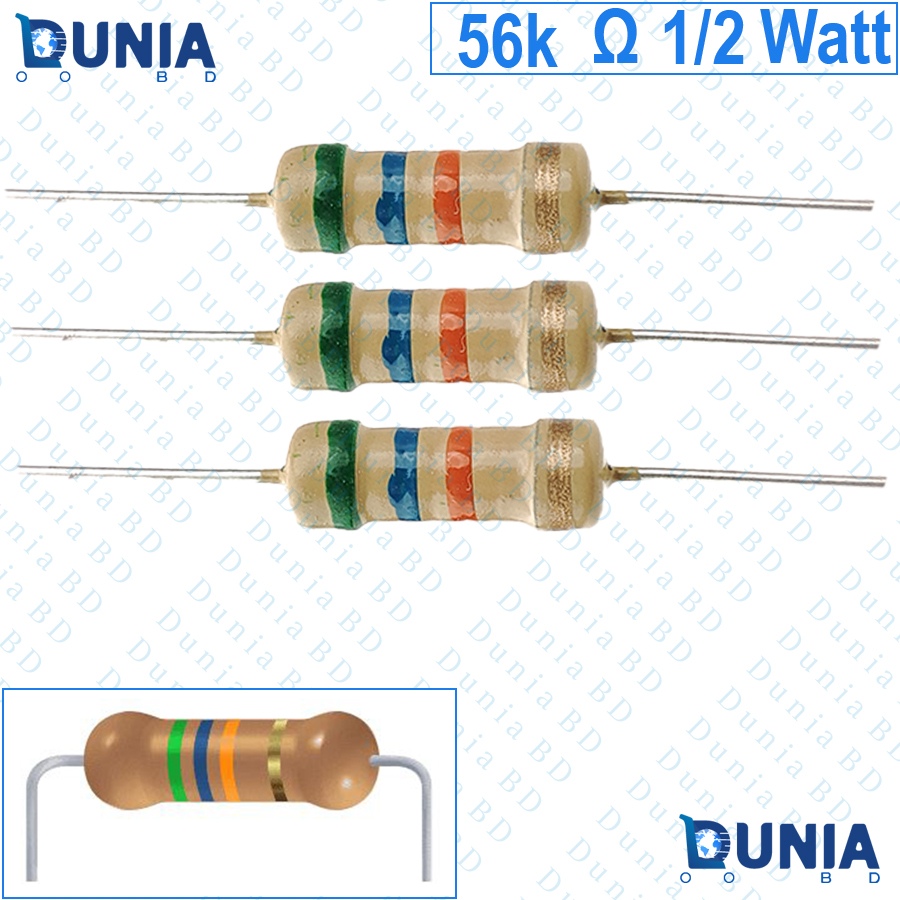 56k ohm 1/2 watt Half watt Resistor ±5% 56kΩ 56 Kohms 56000 ohms Carbon Film Resistance