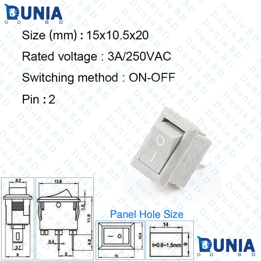 Button Switch ON OF 2 Pin 10x15mm KCD1-11 Power SPST Switches - Image 2